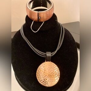 Copper pendent  necklace with black leather like choker & Copper bracelet.